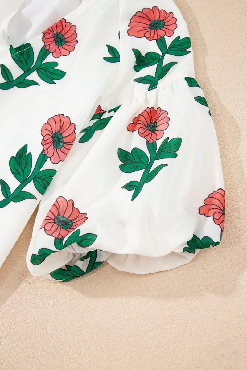 Beige Floral Print Shirred Split Neck Short Sleeve Blouse for Women - Love Salve